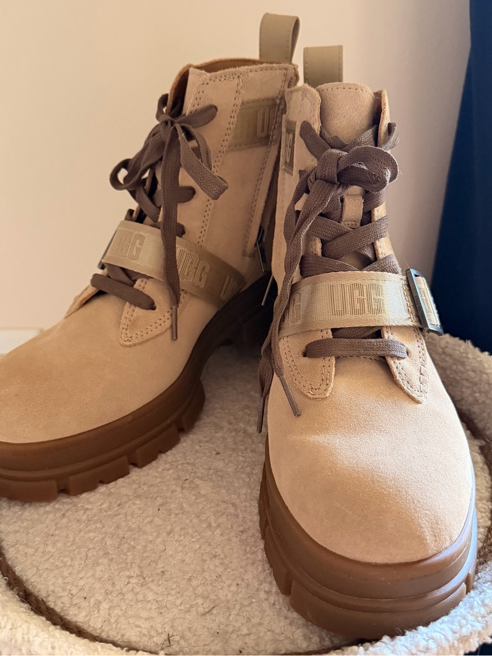 UGG Chunky Lace-Up Combat Boots - Beige Suede